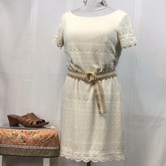 London Times Dresses & Skirts - 🤍 London Times Cream Lace Bateau Neckline Knee Length Sheath Dress Sz.14